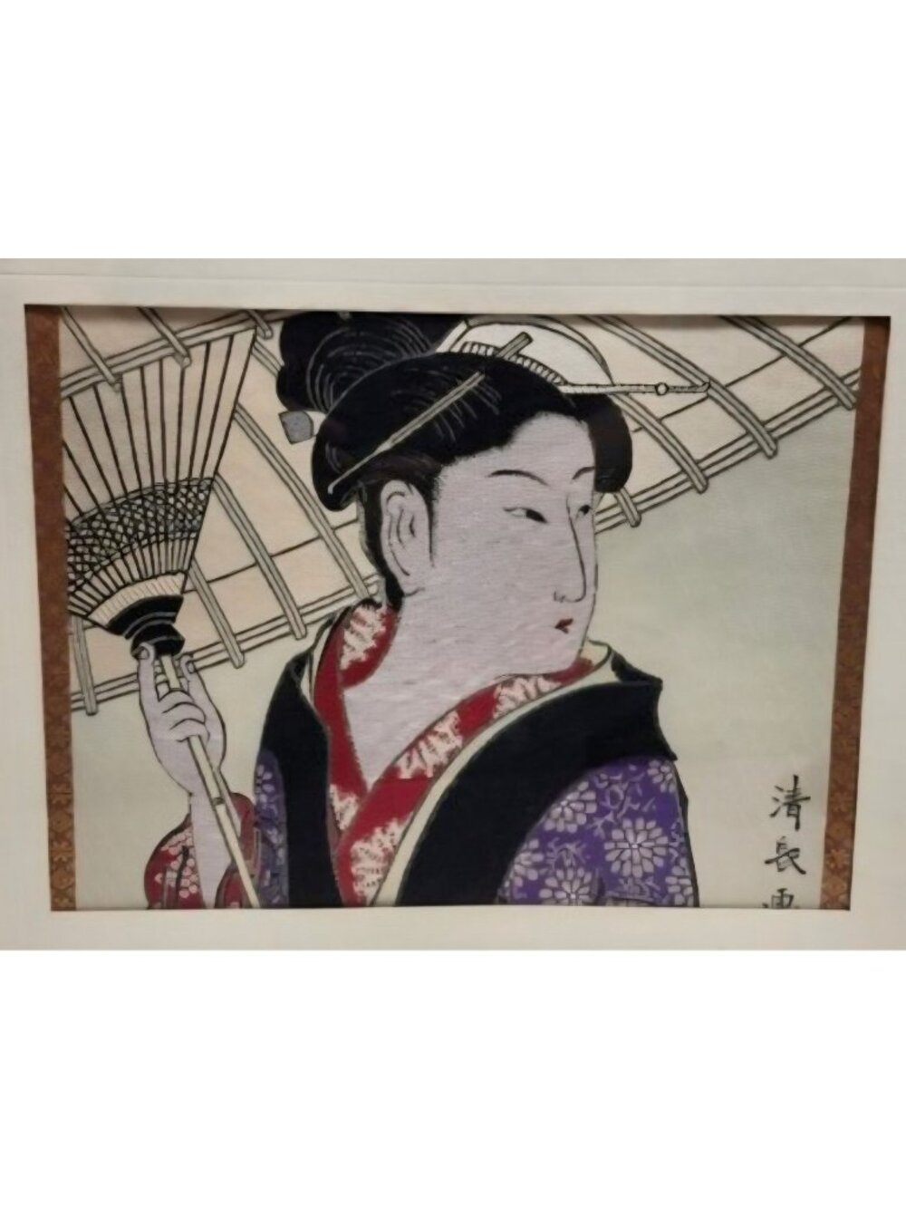 Framed Embroidery Kitagawa Utamaro Beautiful Woman Art Piece 12.5x15x1.5" Geisha